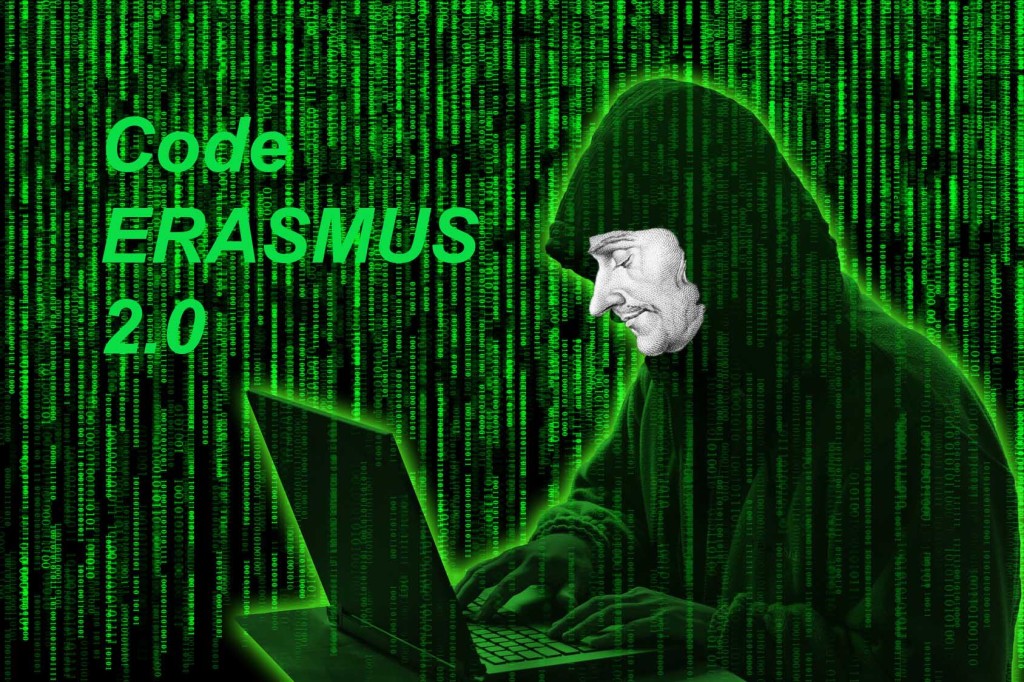 Conceptual image of a hacker on green matrix background